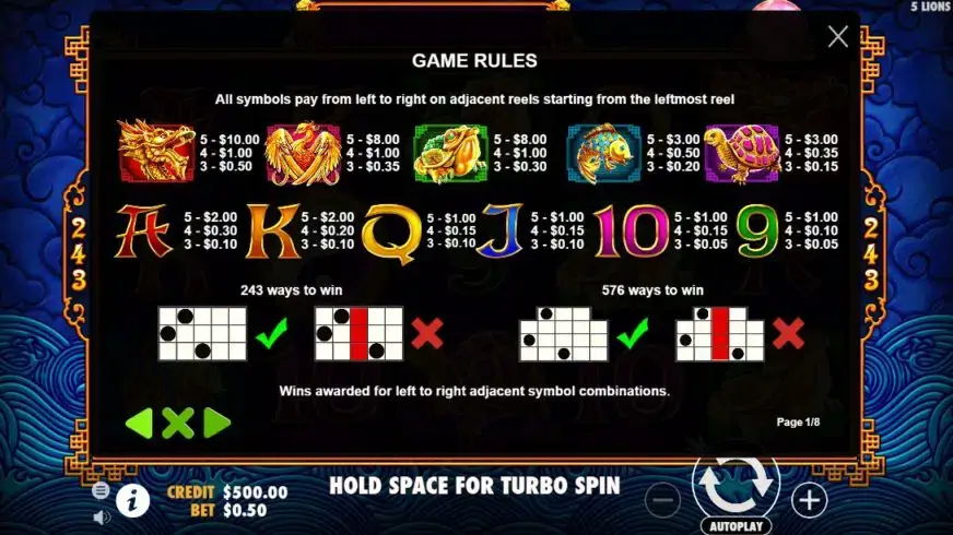 5 Lions slot screenshot 2